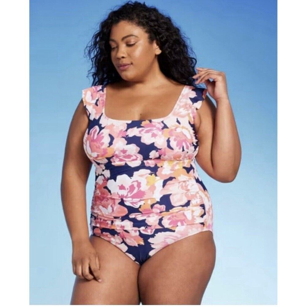 Kona Sol Floral Print Ruffle Sleeve One Piece Swimsuit Size 16